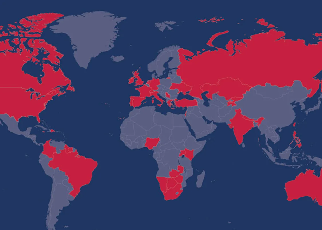 A world map image taken from an interactive map with countries with Zeroing In programs highlighted