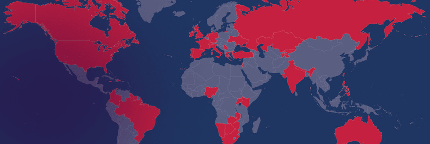 : A world map image taken from an interactive map with countries with Zeroing In programs highlighted